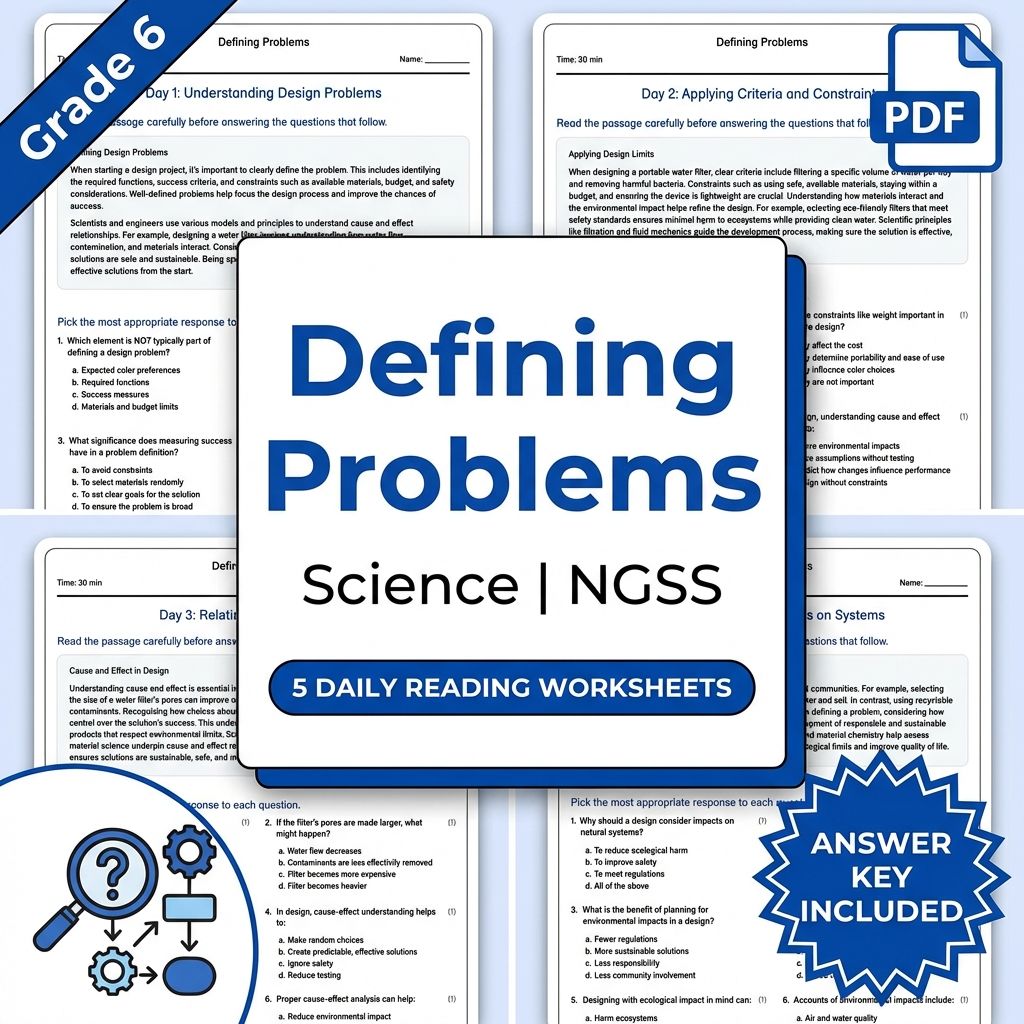 Grade 6 Science daily reading worksheet — 6th Grade Science | Defining Problems Worksheet (PDF+ Answer Key)