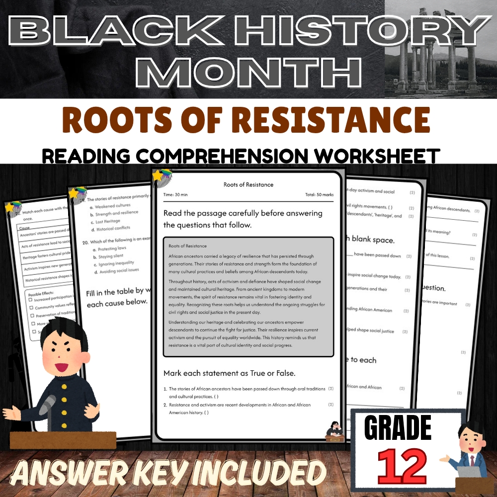 Grade 12 Black History Month Worksheet for Roots of Resistance| PDF + Answer Key