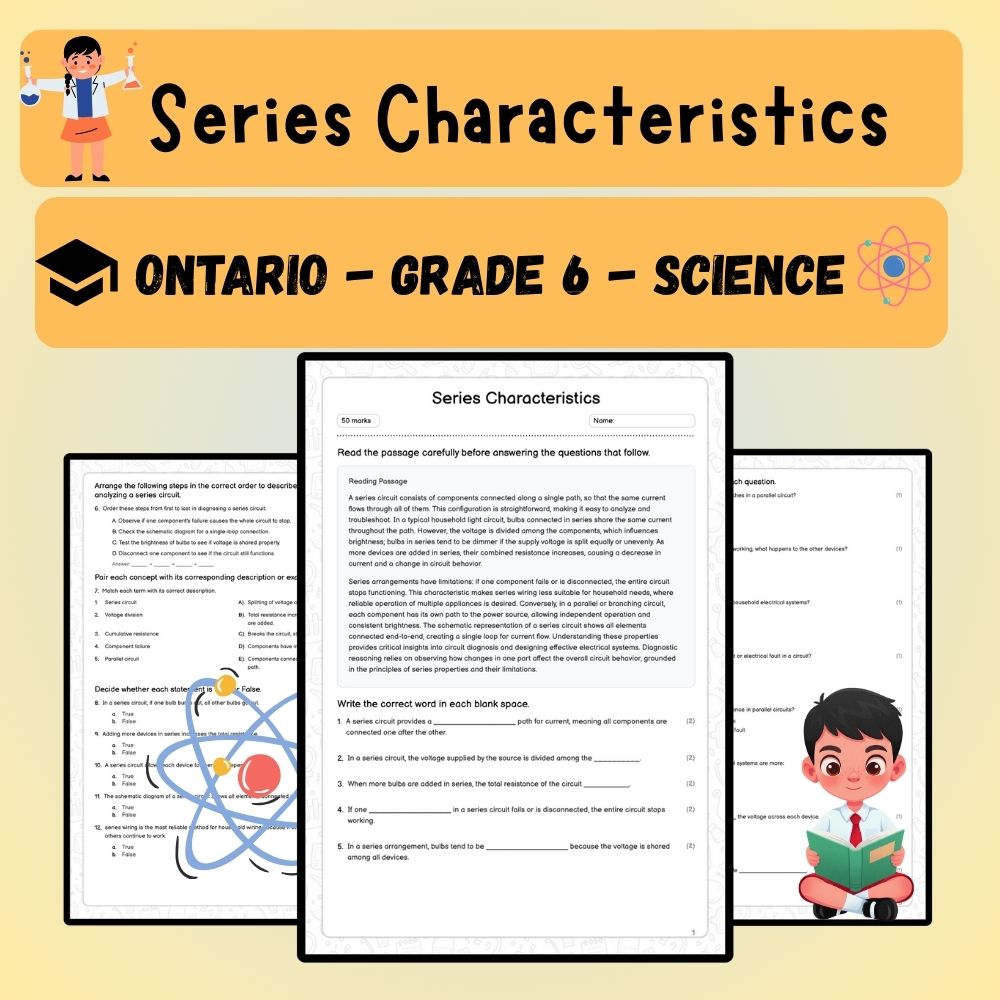 Grade 6 Science worksheet worksheet — 6th Grade Science – Series Circuit Characteristics Worksheet (PDF ) — page 1