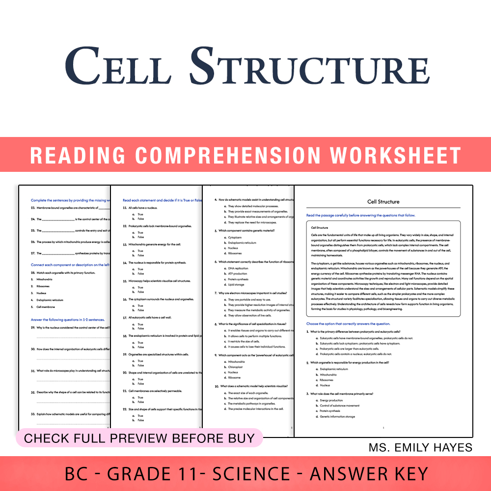 Grade 11 Science worksheet worksheet — 11th Grade Science | Cell Structure Worksheet (PDF + Answer Key) — page 1