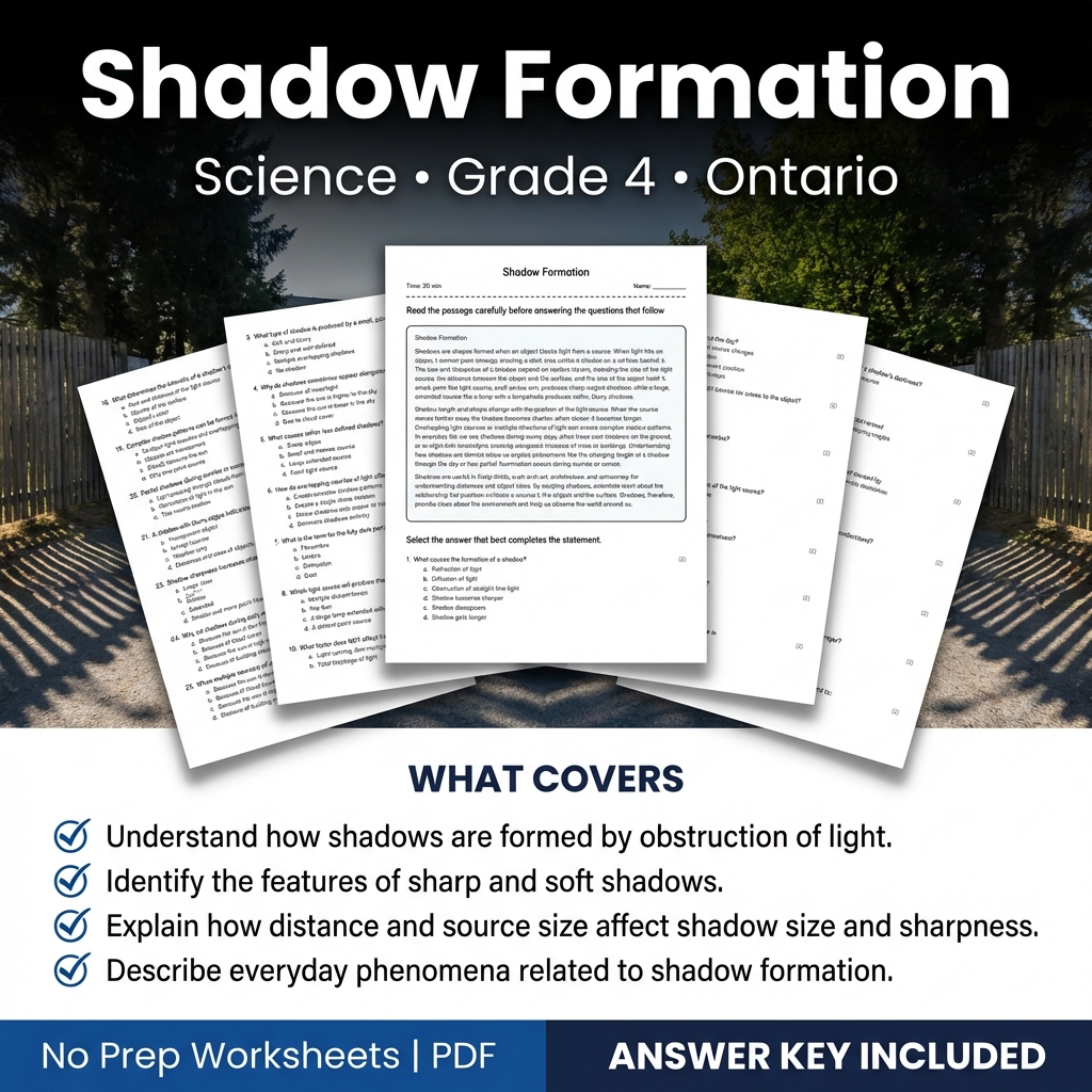Grade 4 Science Worksheet on Shadow Formation | Ontario Standards