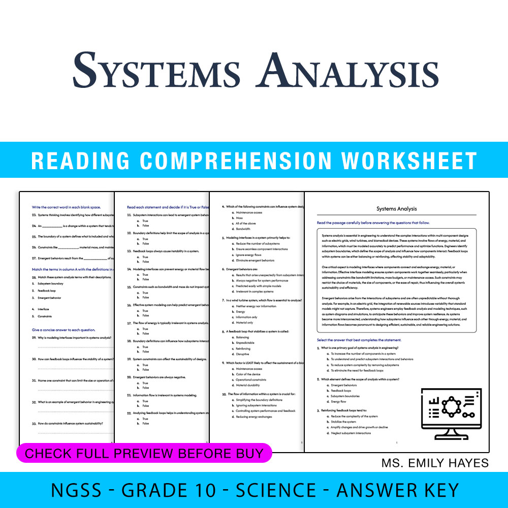 Grade 10 Science worksheet worksheet — Grade 10 Science | Systems Analysis Worksheet (PDF+ Answer Key) — page 1