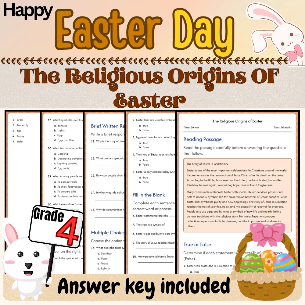 Grade 4 Seasonal happy easter worksheet — Grade 4 Seasonal – The Religious Origins of Easter Worksheet  | PDF + Answer Key…