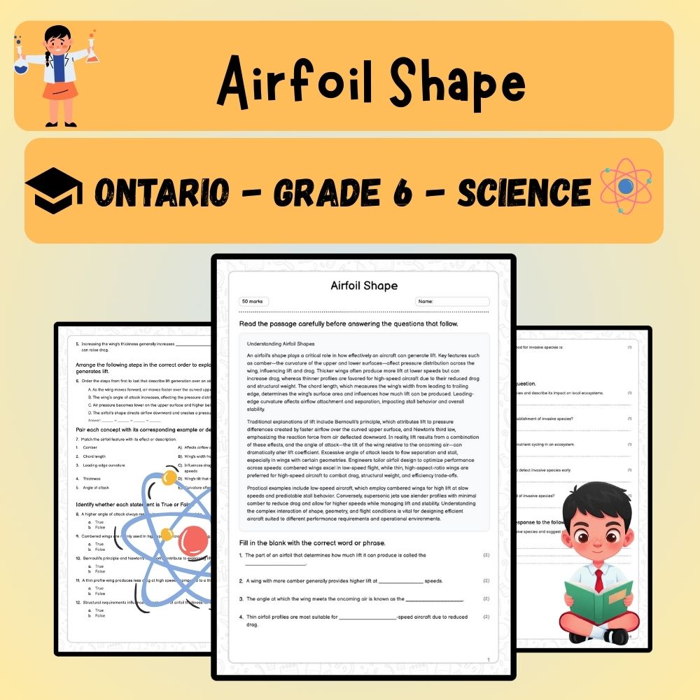 Grade 6 Science worksheet worksheet — Grade 6 Science | Airfoil Shape Worksheet (PDF ) – Ontario Standards — page 1