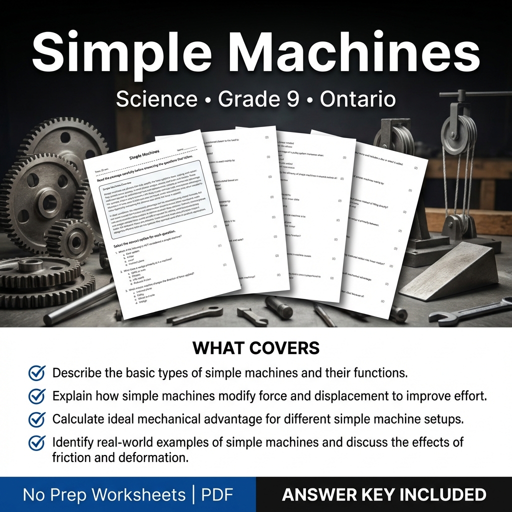 Grade 9 Science worksheet — Grade 9 Science Worksheet on Simple Machines | Ontario Standards Practice