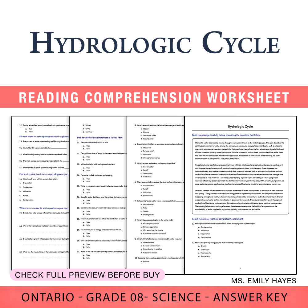 Grade 8 Science worksheet worksheet — Grade 8 Science | Hydrologic Cycle Worksheet (PDF + Answer Key) — page 1