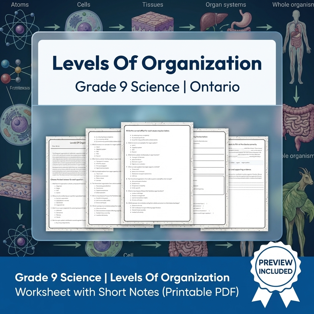 Grade 9 Science | Levels Of Organization Worksheet with Short Notes 