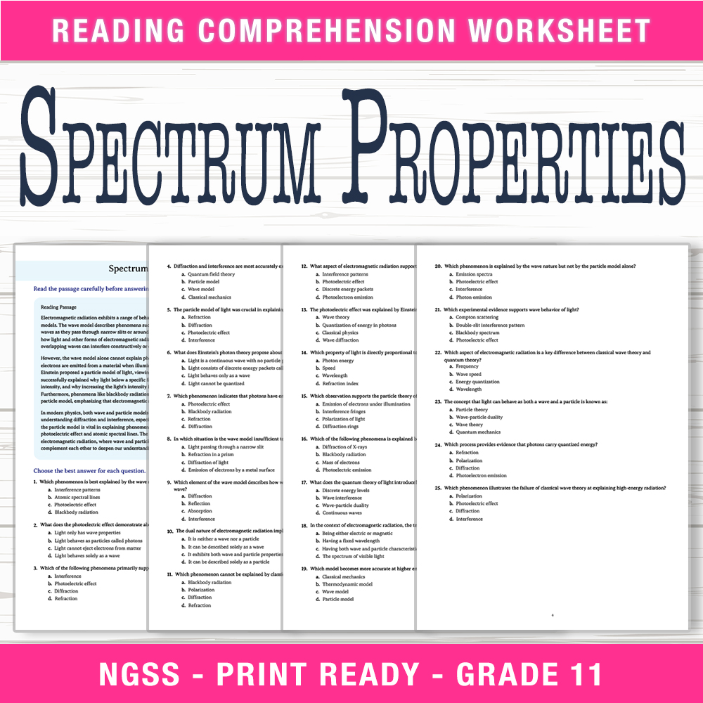 Grade 11 Science worksheet worksheet — Grade 11 Science | Spectrum Properties Worksheet (PDF + Answer Key) — page 1
