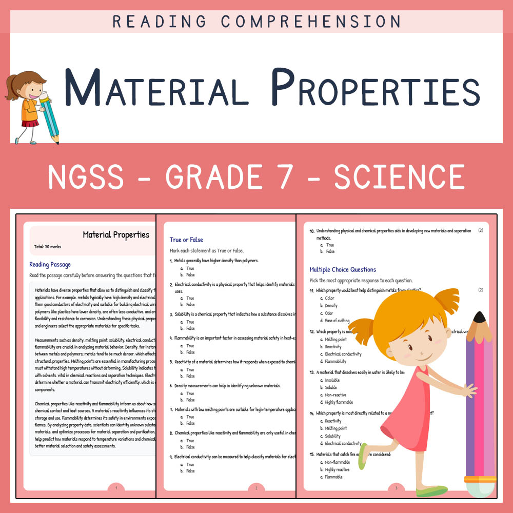 Grade 7 Science worksheet worksheet — Grade 7 Science | Material Properties Worksheet & Answer Key (NGSS Aligned) — page 1