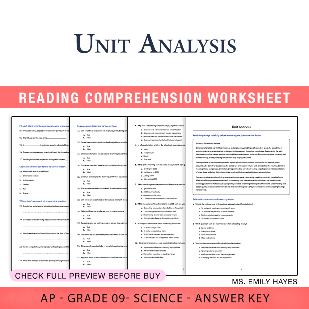 Grade 9 Science worksheet worksheet — Grade 9 Science | Unit Analysis Worksheet (PDF+ Answer Key) — page 1