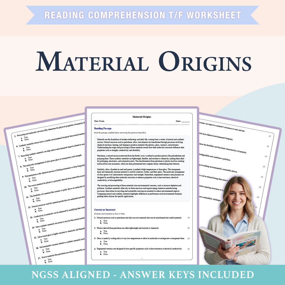 Grade 8 Science reading comprehensions true or false worksheet worksheet — 8th Grade Science | Material Origins Worksheet…