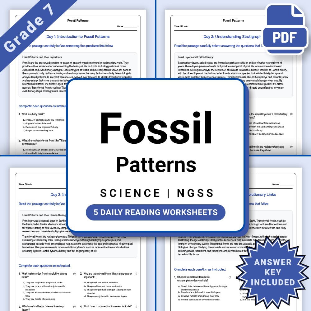 Grade 7 Science daily reading worksheet worksheet — Grade 7 Science – Fossil Patterns Daily Reading Worksheet(PDF + Answer…