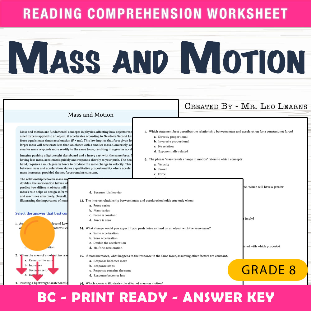 Grade 8 Science worksheet mcq paper worksheet — Grade 8 Science — Mass and Motion Worksheet MCQ Paper for Mastery — page 1