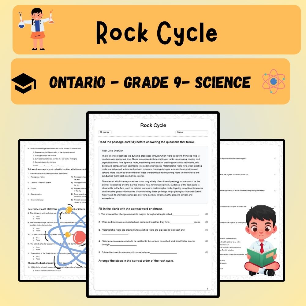 Grade 9 Science worksheet worksheet — Grade 9 Science – Rock Cycle Worksheet (PDF) | Ontario Standards & Practice — page 1