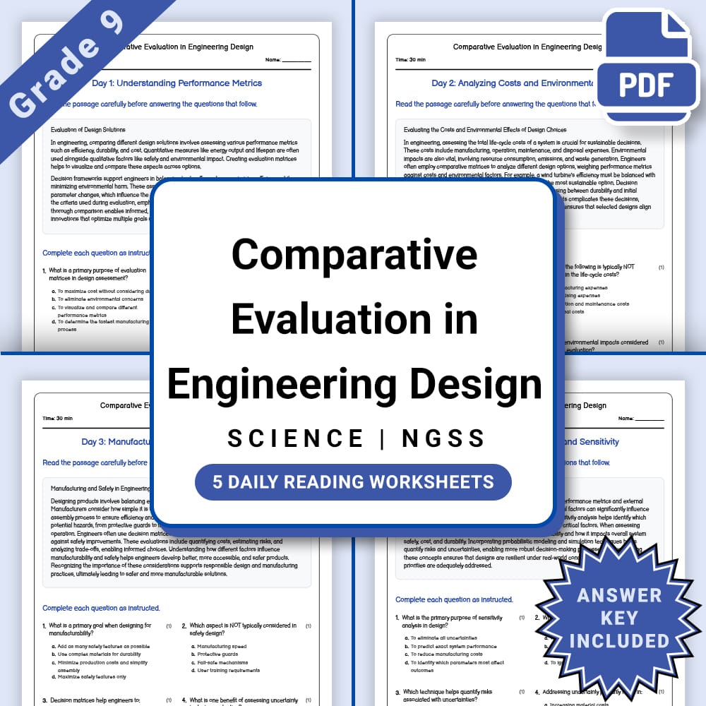 Grade 9 Science daily reading worksheet worksheet — Grade 9 Science – Comparative Evaluation in Engineering Design(PDF + A…