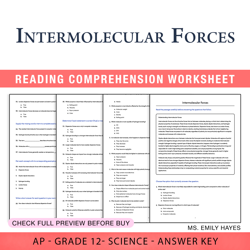 Grade 12 Science worksheet assessment worksheet — Grade 12 Science | Intermolecular Forces Assessment Worksheet (PDF+ Answ…