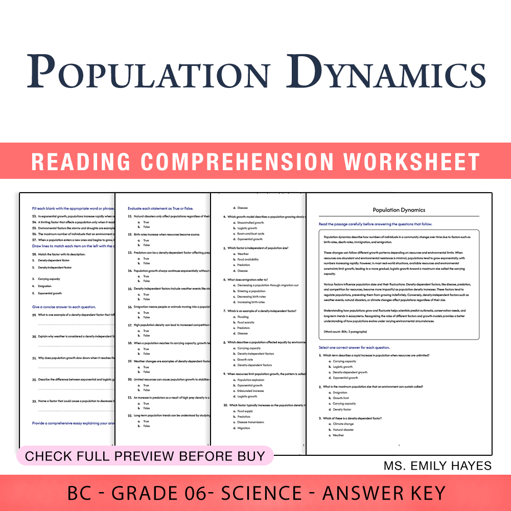 Grade 6 Science worksheet worksheet — 6th Grade Science | Population Dynamics Worksheet (PDF+ Answer Key) — page 1