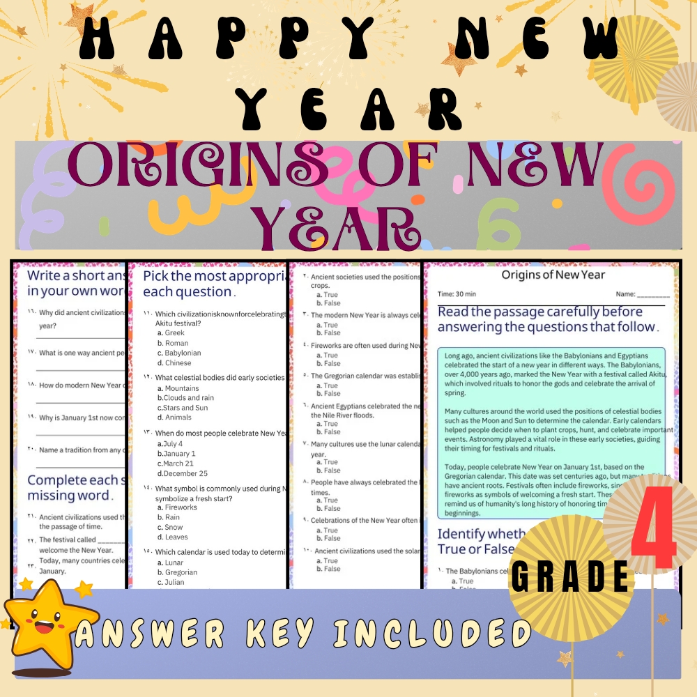 Grade 4 Seasonal Unit | New Year Wishes, Resolutions & Traditions Worksheets — included worksheet 5