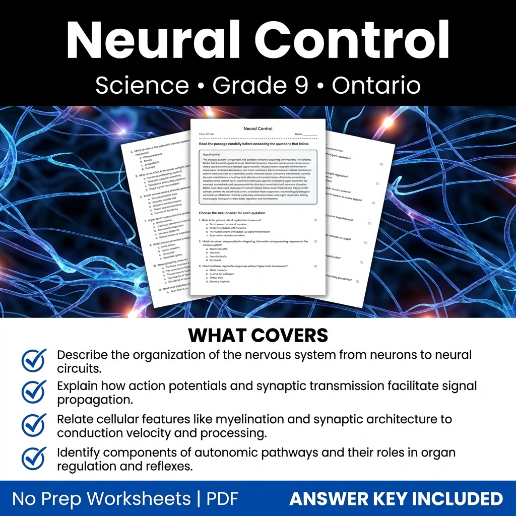 Neural Control Worksheet for Grade 9 Science | Ontario Standards