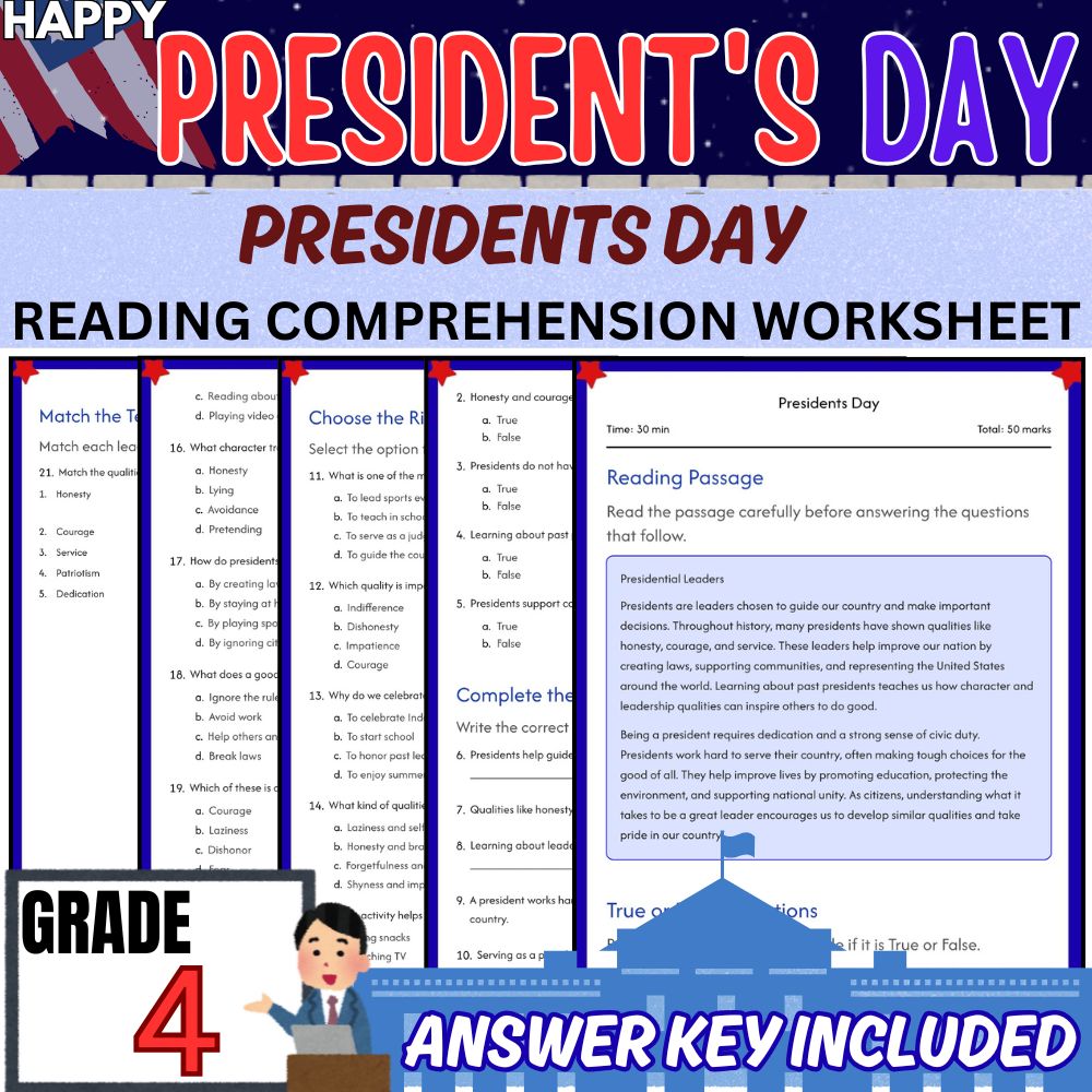 Grade 4 | Presidents Day Worksheet for Building Understanding | PDF + Answer Key