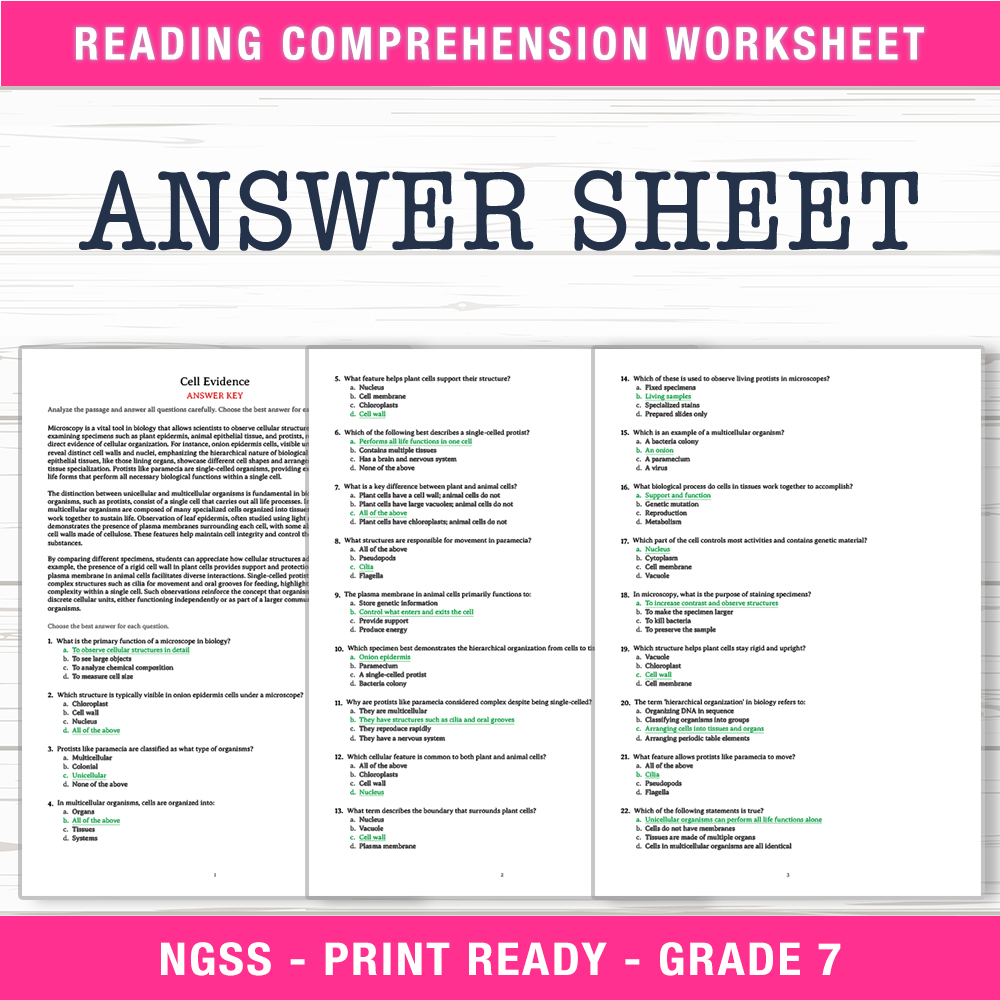 Grade 7 Science worksheet worksheet — Grade 7 Science | Cell Evidence Worksheet (PDF + Answer Key) — page 2