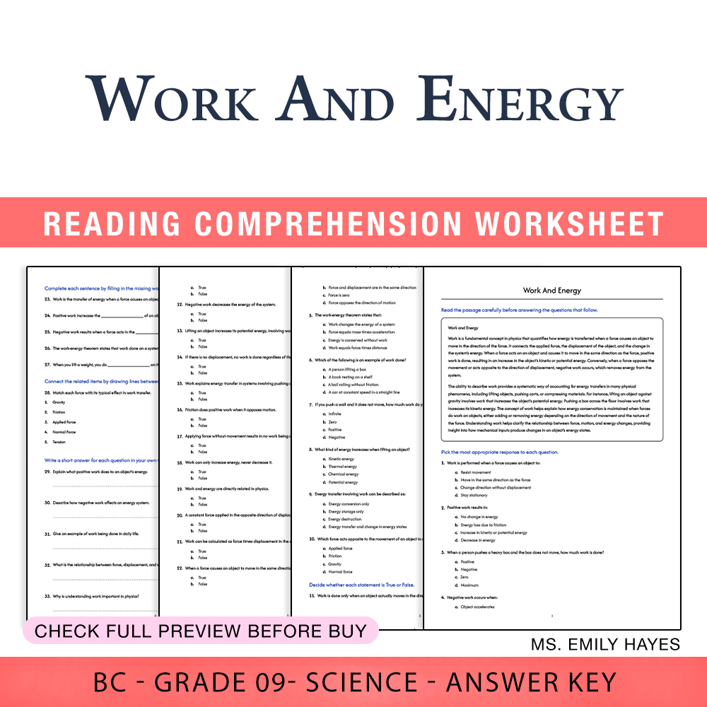 Grade 9 Science worksheet worksheet — 9th Grade Science | Work & Energy Worksheet (PDF+ Answer Key) — page 1