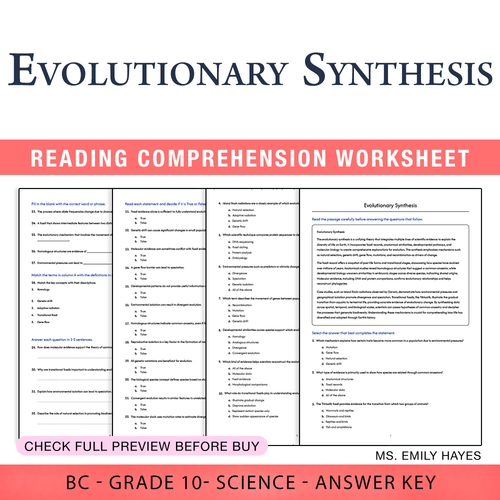 Grade 10 Science worksheet worksheet — 10th Grade Science | Evolutionary Synthesis Worksheet (PDF+ Answer Key) — page 1
