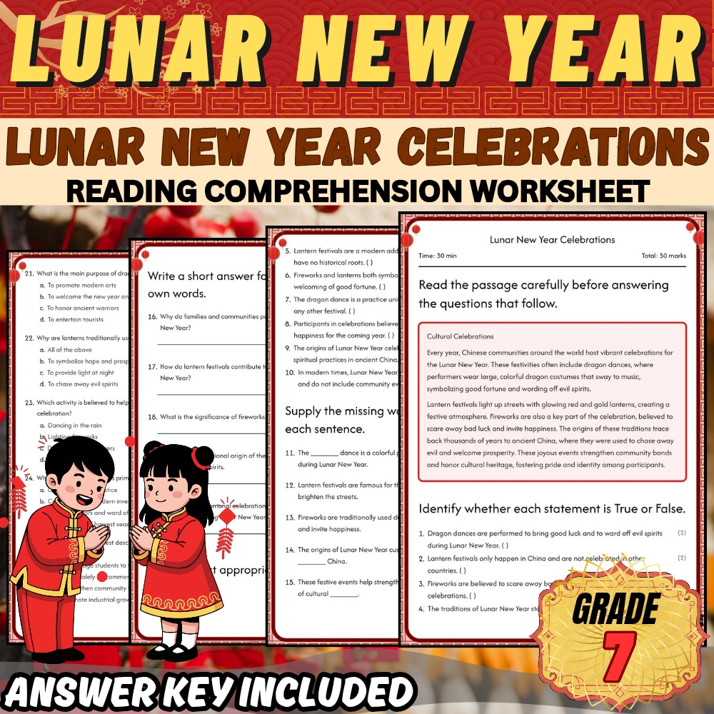 Grade 7 Holiday lunar new year worksheet — Grade 7 Holiday | Lunar New Year for Mastering Celebrations | PDF + Answer Key…
