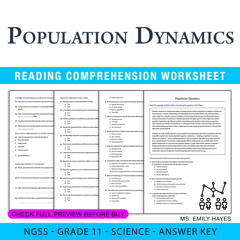 Grade 11 Science worksheet worksheet — 11th Grade Science | Population Dynamics Worksheet (PDF+ Answer Key) — page 1