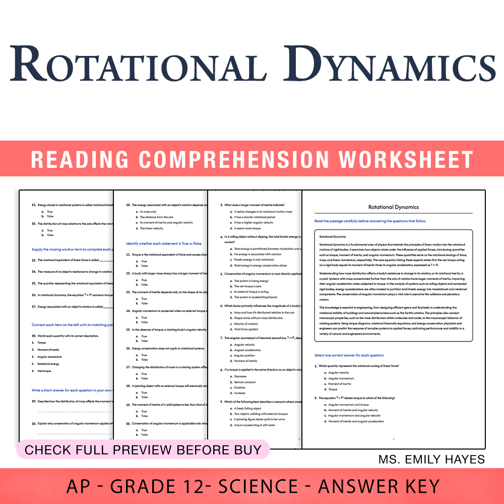 Grade 12 Science worksheet assessment worksheet — 12th Grade Science | Rotational Dynamics Assessment Worksheet (PDF+ Answ…