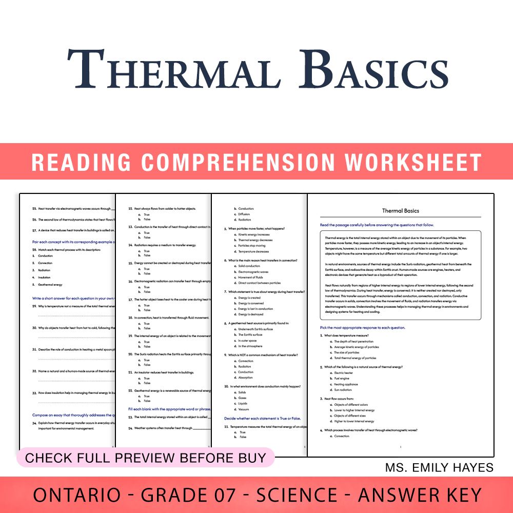 Grade 7 Science worksheet worksheet — 7th Grade Science | Thermal Basics Worksheet (PDF+ Answer Key) — page 1