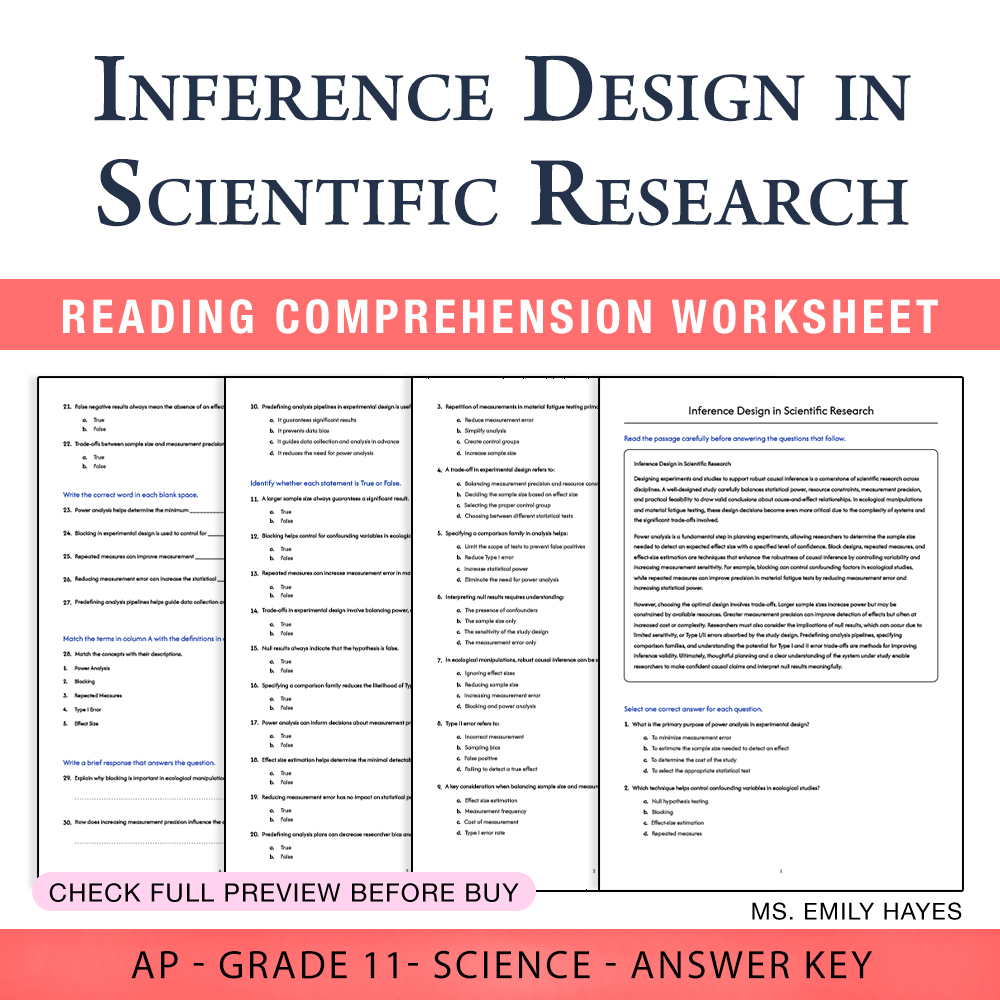 Grade 11 Science worksheet assessment worksheet — Grade 11 Science | Inference Design Worksheet (PDF+ Answer Key) — page 1