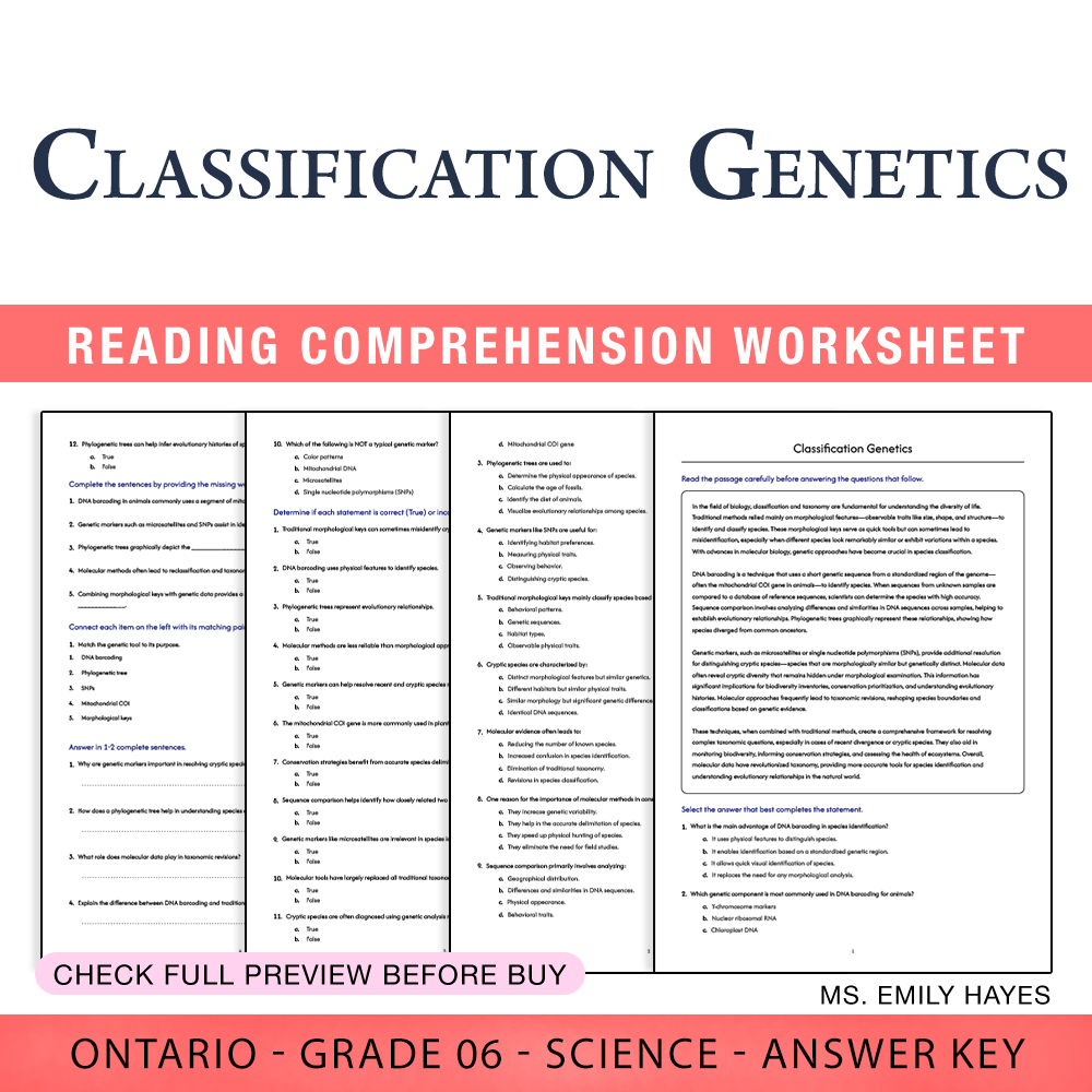 Grade 6 Science worksheet worksheet — 6th Grade Science | Classification Genetics Worksheet (PDF+ Answer Key) — page 1