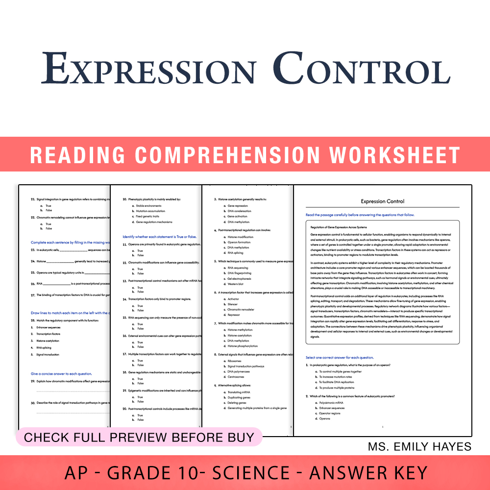 Grade 10 Science worksheet worksheet — 10th Grade Science | Expression Control Worksheet (PDF+ Answer Key) — page 1