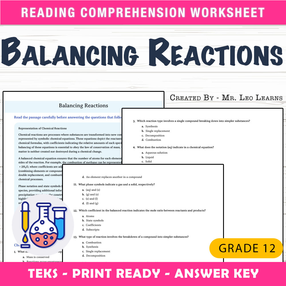 Grade 12 Science worksheet worksheet — Grade 12 Science — Balancing Reactions Worksheet for Mastery — page 1