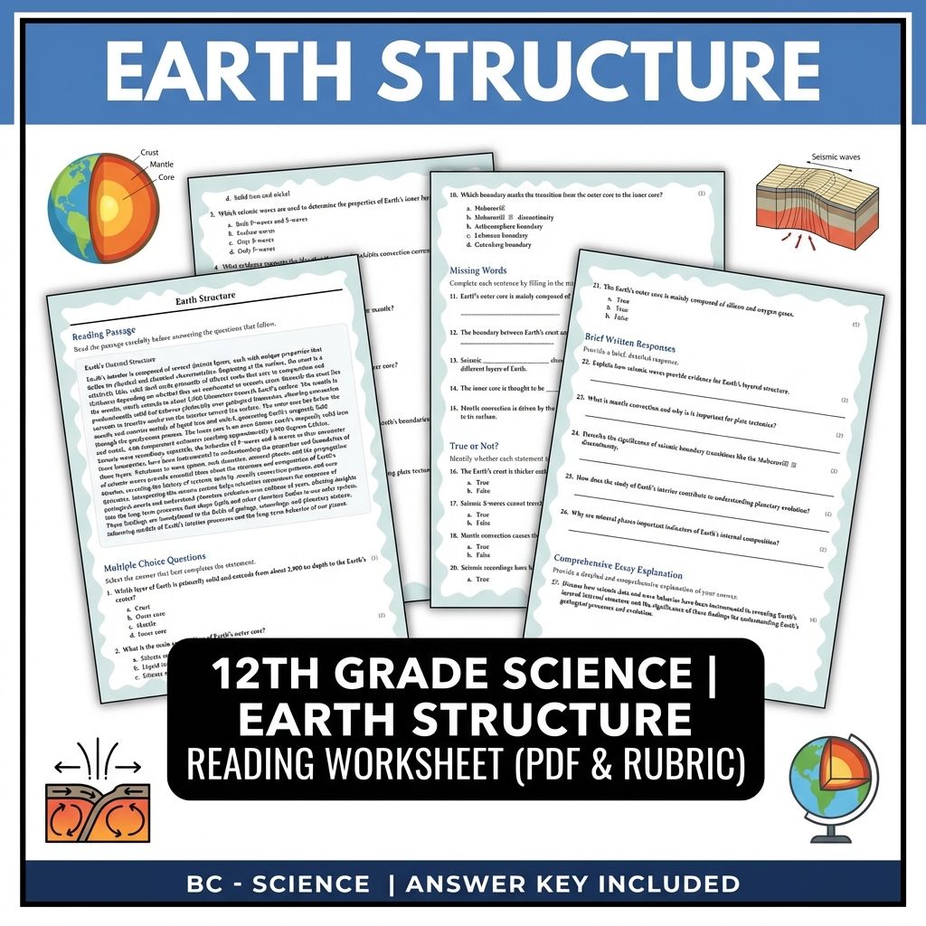 12th Grade Science | Earth Structure Reading Worksheet (PDF & Rubric)