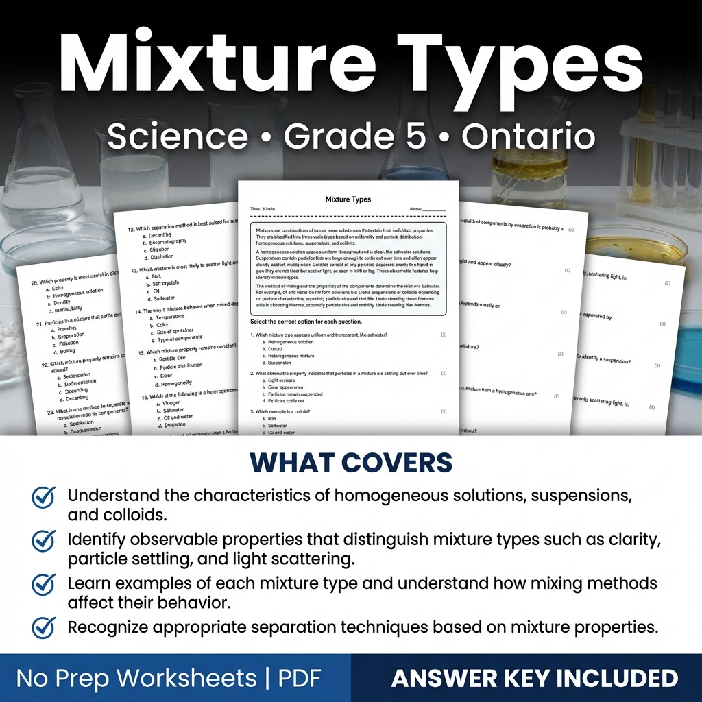 Grade 5 Science Worksheet on Mixture Types | Ontario Standards