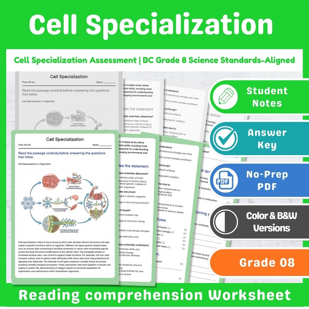 Grade 8 Science – Cell Structure & Function Assessment | Standards-Aligned Unit — included worksheet 15