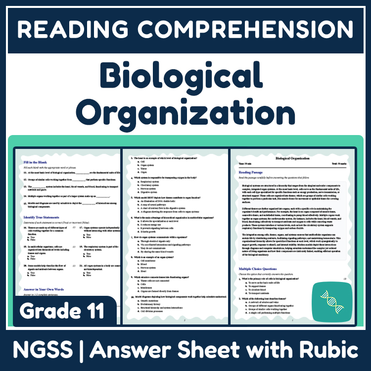 Grade 11 Science reading worksheets worksheet — 11th Grade Science | Biological Organization Reading Worksheet (PDF & Rubr…