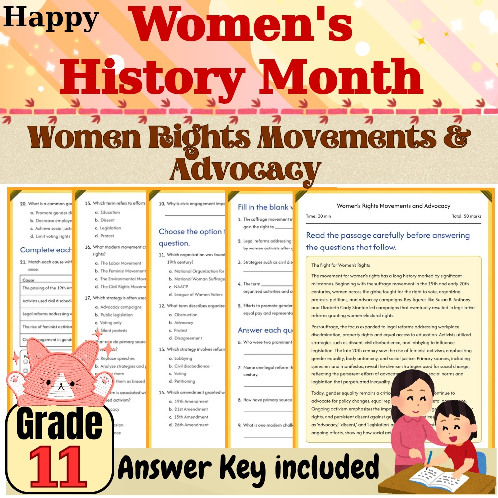Grade 11 | Women's Rights Movements Worksheet for Mastery | PDF + Answer Key