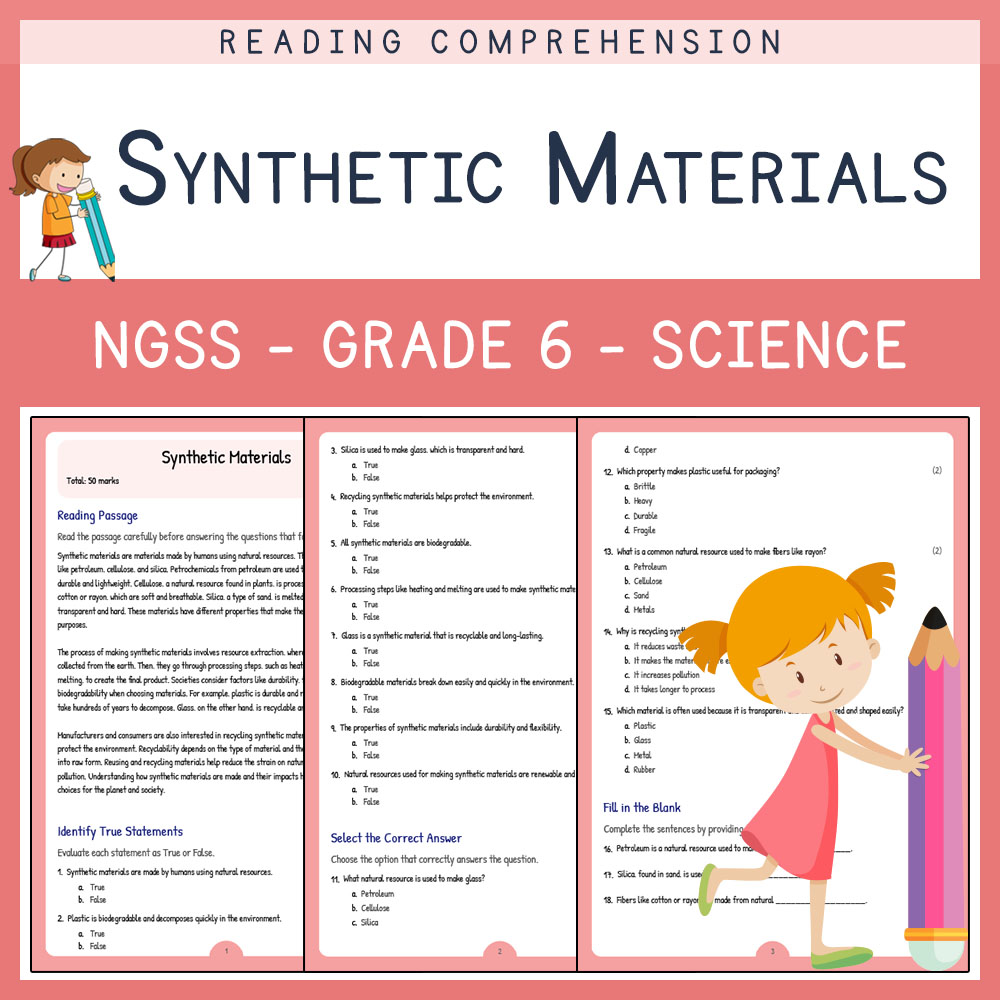 Grade 6 Science worksheets for primary grades worksheet — Grade 6 Science | Synthetic Materials Worksheet (PDF) | NGSS Ali…