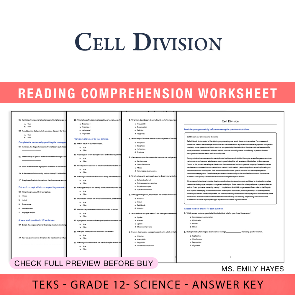 Grade 12 Science worksheet worksheet — 12th Grade Science | Cell Division Worksheet (PDF+ Answer Key) — page 1