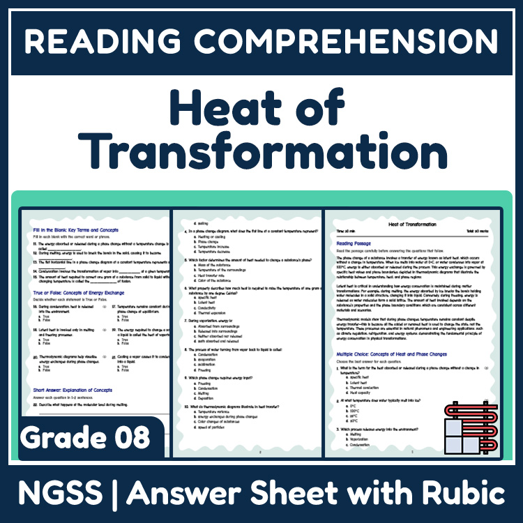 Grade 8 Science reading worksheets worksheet — Grade 8 Science | Heat of Transformation Reading Worksheet (Answer Key) — p…