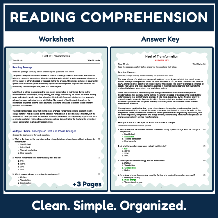 Grade 8 Science reading worksheets worksheet — Grade 8 Science | Heat of Transformation Reading Worksheet (Answer Key) — p…