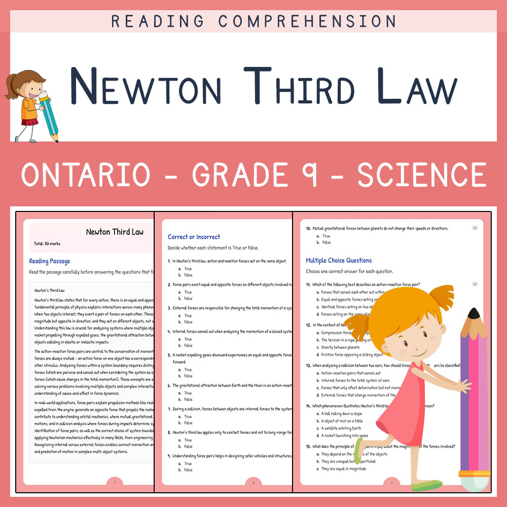 Grade 9 Science worksheet elena worksheet — Grade 9 Science Assessment | Newton Third Law Worksheet Elena | Ontario — page 1