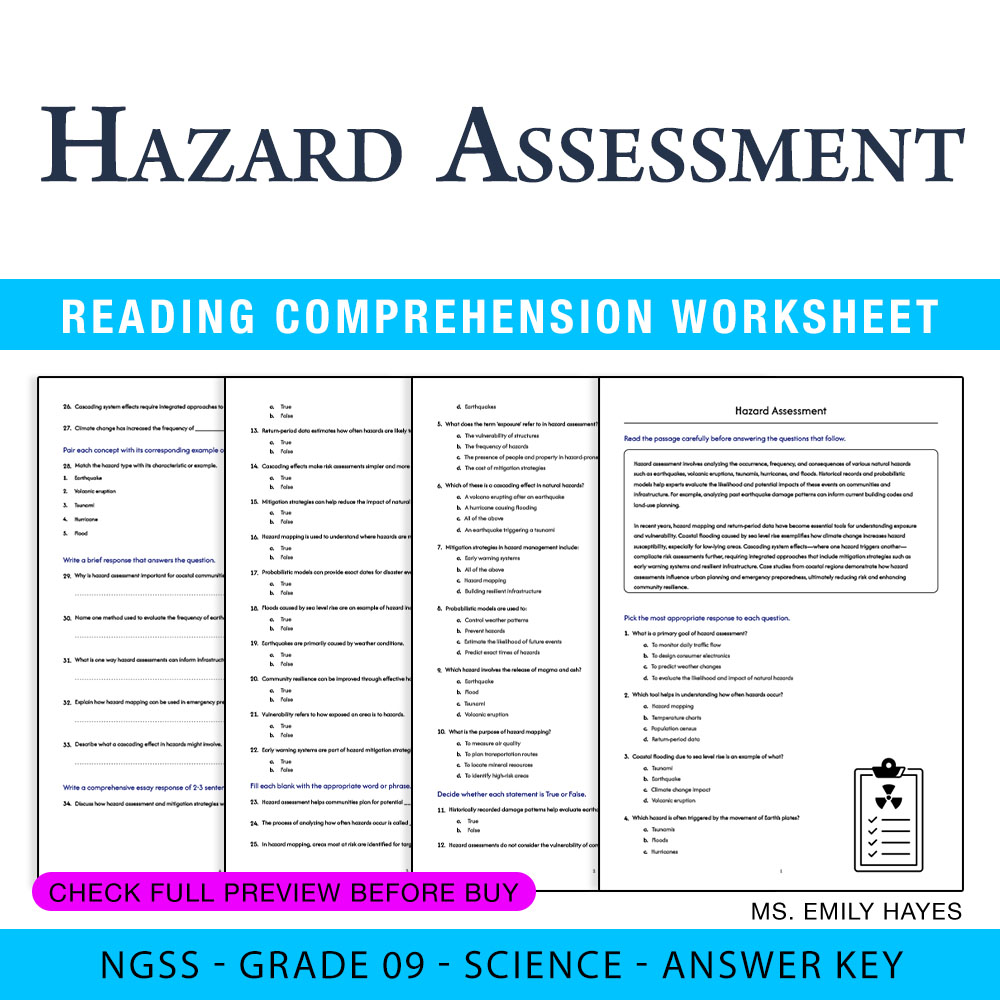 Grade 9 Science worksheet worksheet — Grade 9 Science | Hazard Assessment Worksheet (PDF+ Answer Key) — page 1