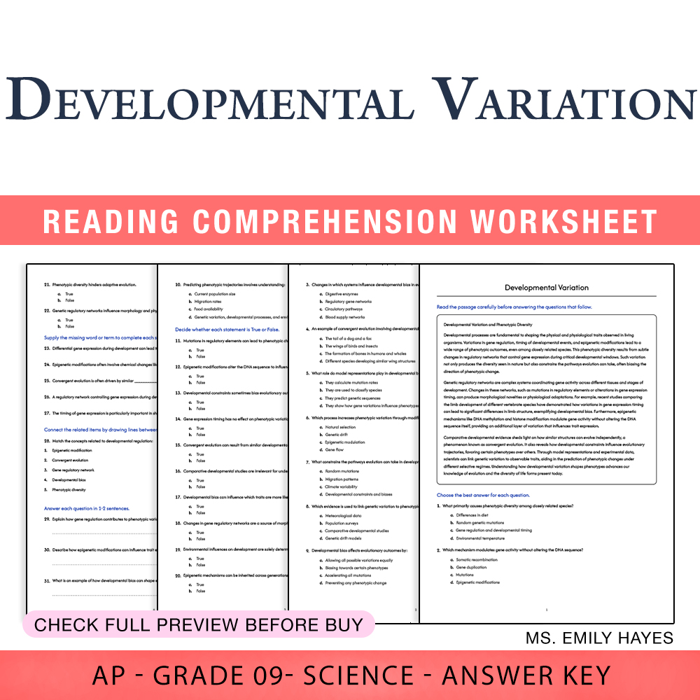 Grade 9 Science worksheet worksheet — 9th Grade Science | Developmental Variation Worksheet (PDF+ Answer Key) — page 1