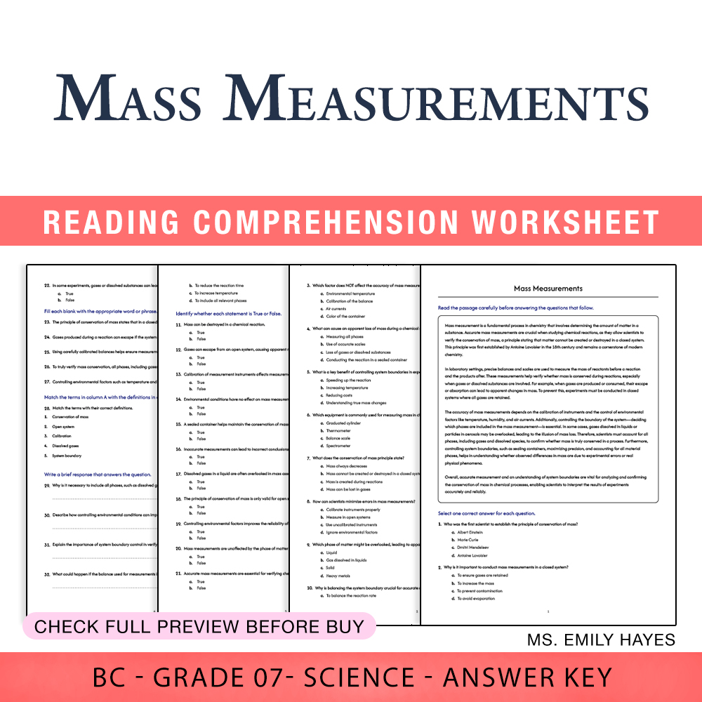 Grade 7 Science worksheet worksheet — 7th Grade Science | Mass Measurements Worksheet (PDF+ Answer Key) — page 1