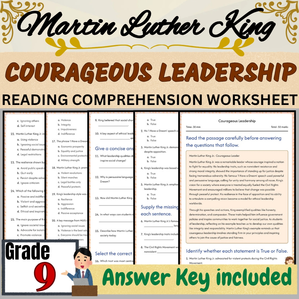 Grade 9 |Courageous Leadership Worksheet for Martin Luther King|PDF + Answer Key