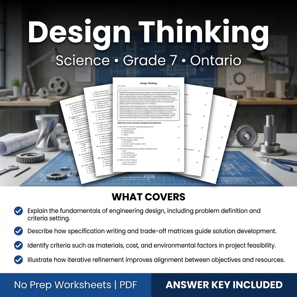 Design Thinking Worksheet for Grade 7 Science Ontario Standards